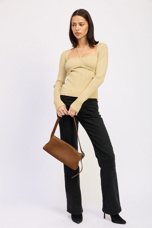 Emory Park Squared Neck Knit Top with Cut Out styled with high-waisted black jeans and a brown handbag