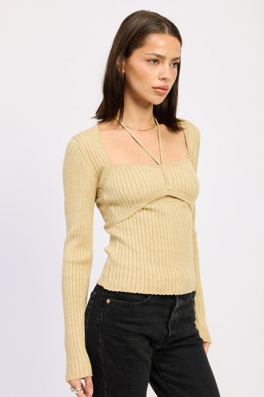 Emory Park Squared Neck Knit Top with Cut Out in Beige featuring a ribbed texture and long sleeves
