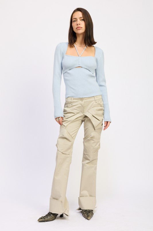 Emory Park Squared Neck Knit Top with Cut Out in light blue paired with beige pants for a stylish look