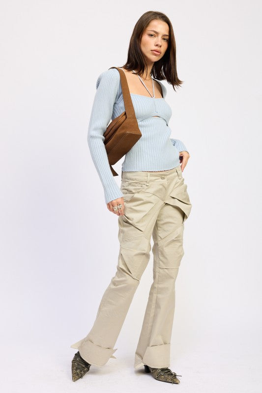 Emory Park Squared Neck Knit Top with Cut Out paired with beige cargo pants and a brown bag