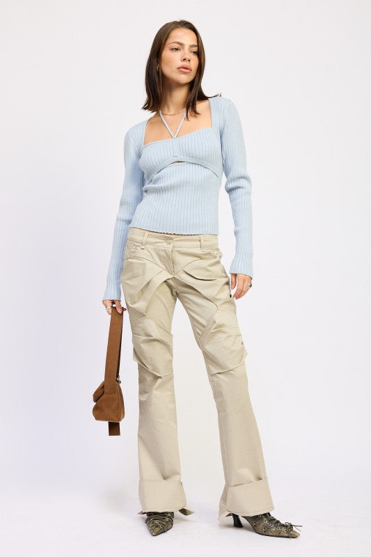 Emory Park Squared Neck Knit Top with Cut Out in Light Blue, paired with beige cargo pants