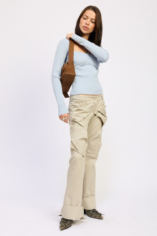 Emory Park Squared Neck Knit Top with Cut Out in Light Blue Paired with Casual Pants