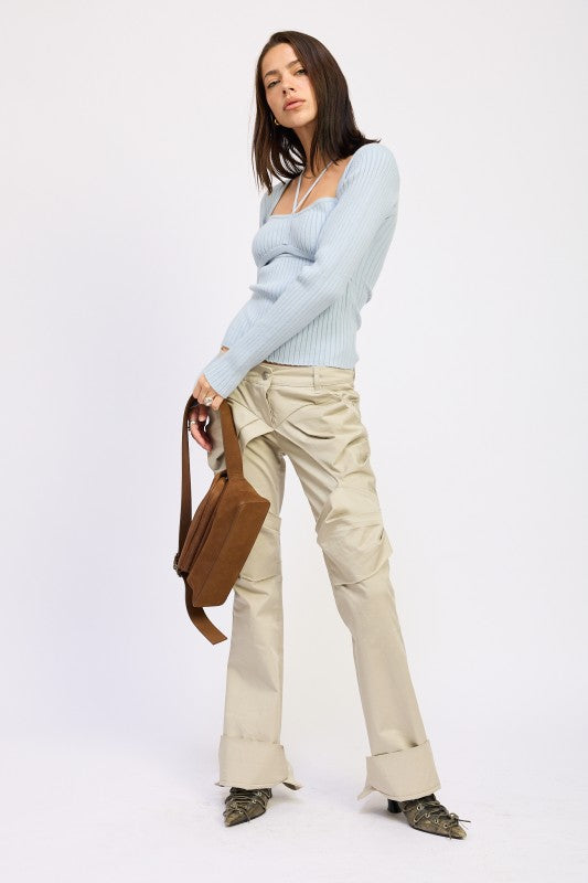 Emory Park Squared Neck Knit Top with Cut Out in Light Blue paired with Beige Trousers and Brown Bag