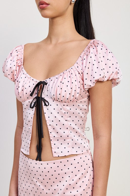 Emory Park Squared Neck Polka Dot Bubble Sleeve Top in light pink with black dots and front tie