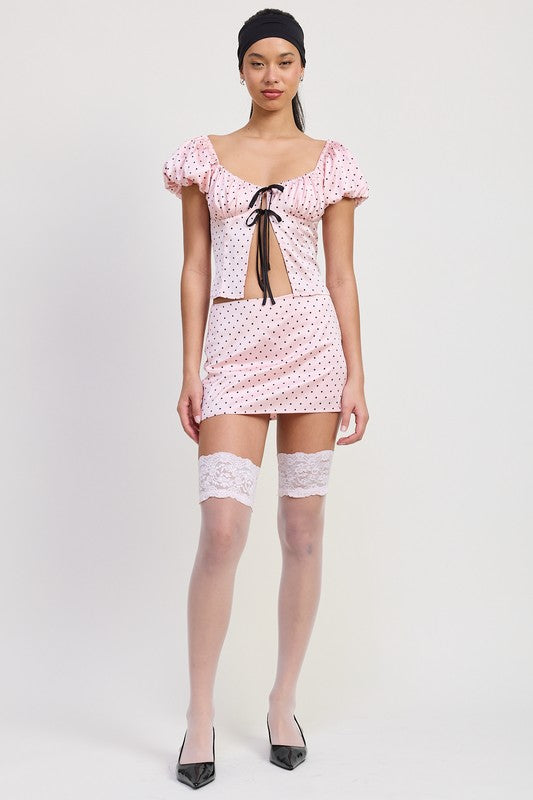 Emory Park Squared Neck Polka Dot Bubble Sleeve Top in pink with black ribbon and puff sleeves