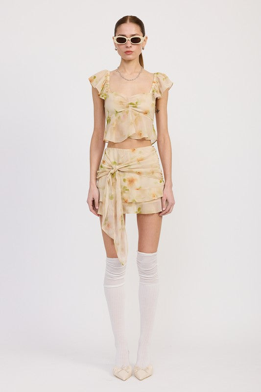 Emory Park floral Squared Neck Top With Cap Sleeves paired with matching floral skirt and white knee-high socks