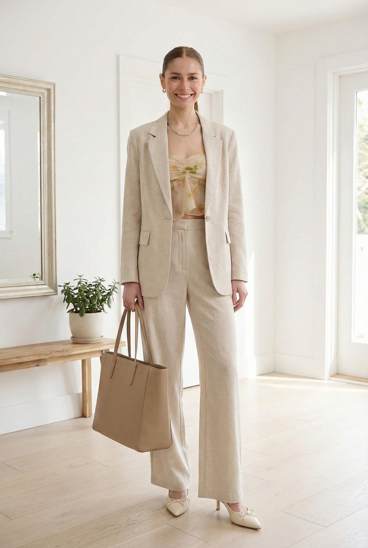 Model wearing Emory Park squared neck Yellow top with trousers and blazer standing in minimalist home working professional