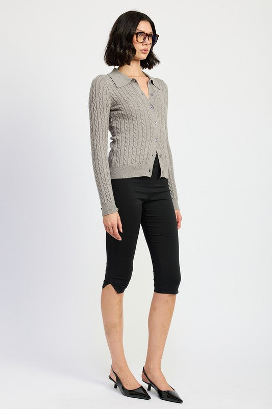 Emory Park Cable Knit Cardigan Top in gray with collared neckline, button front, fitted long sleeves