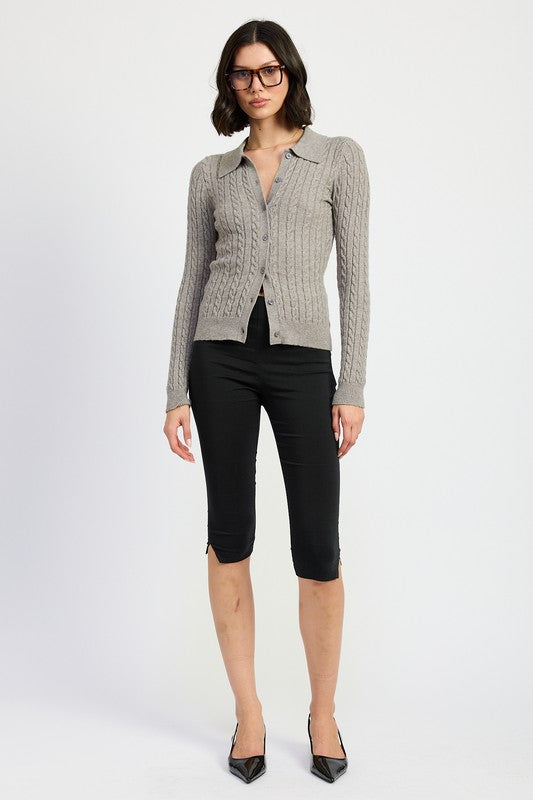Emory Park Cable Knit Cardigan Top in gray with collar and buttons styled with black cropped pants