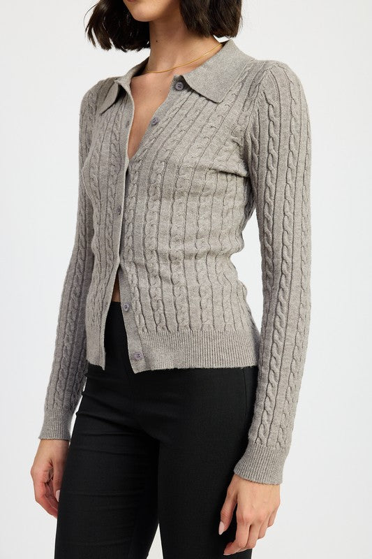 Emory Park Cable Knit Cardigan Top heather gray collared button front slim fit on model