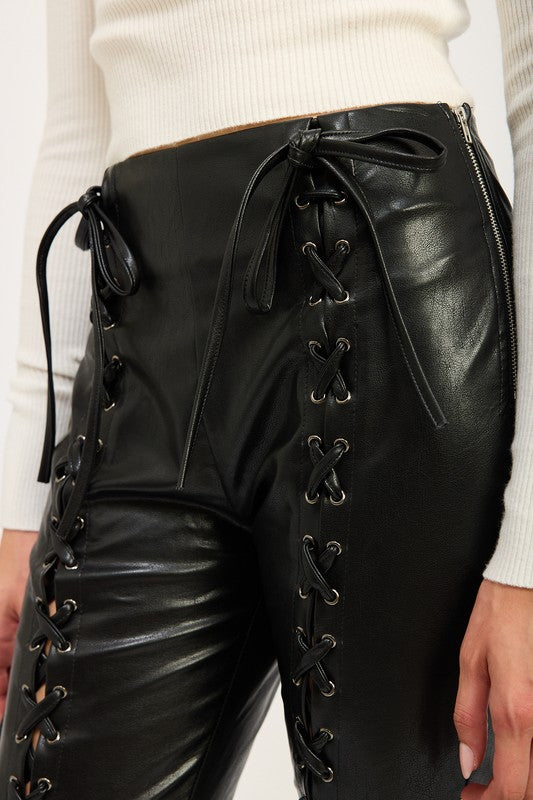 Emory Park Lace-Up Leather Trousers black high waist faux leather pants with side lacing and zipper