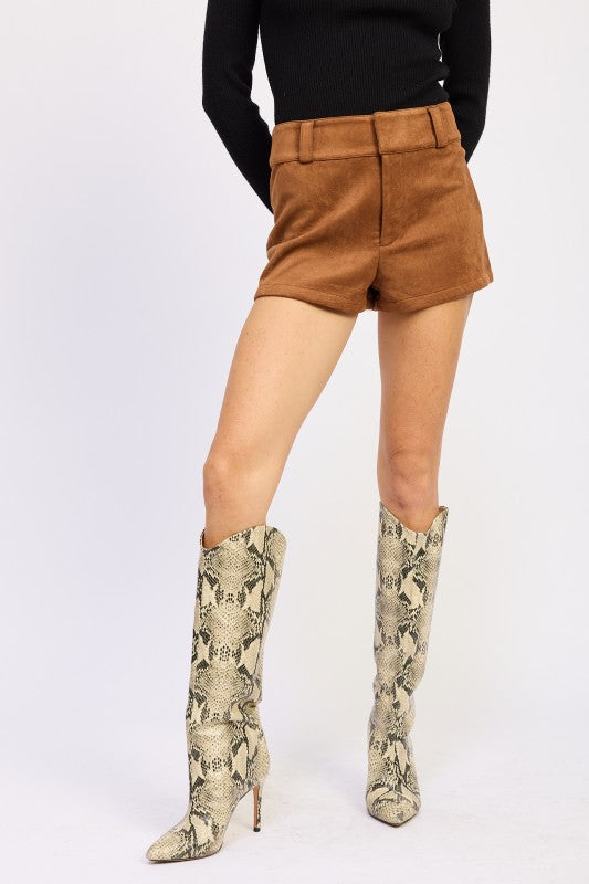 Emory Park Suede Low-Rise Shorts in Brown with a tailored fit and stylish design