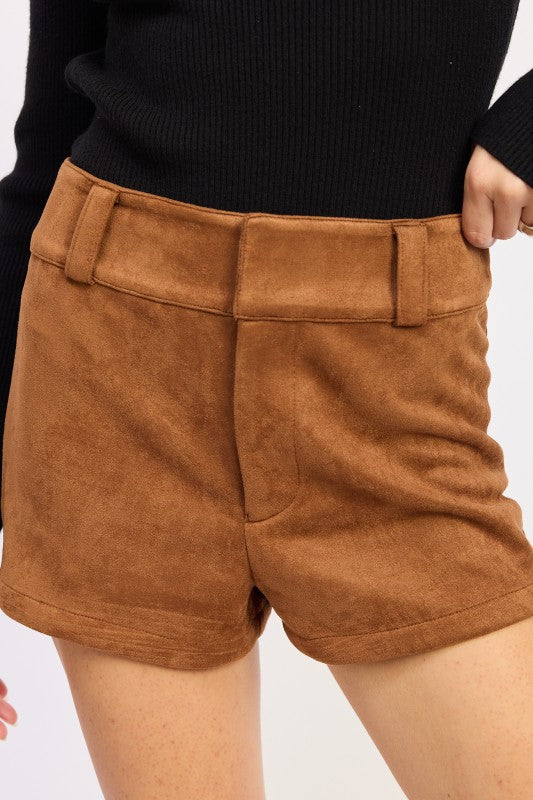 Emory Park Suede Low-Rise Shorts in Brown with Belted Waist and Soft Fabric Finish