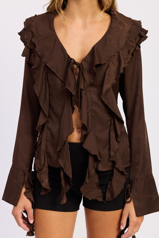 Emory Park Tie Front Ruffled Top in brown with layered ruffles and long sleeves for a stylish look