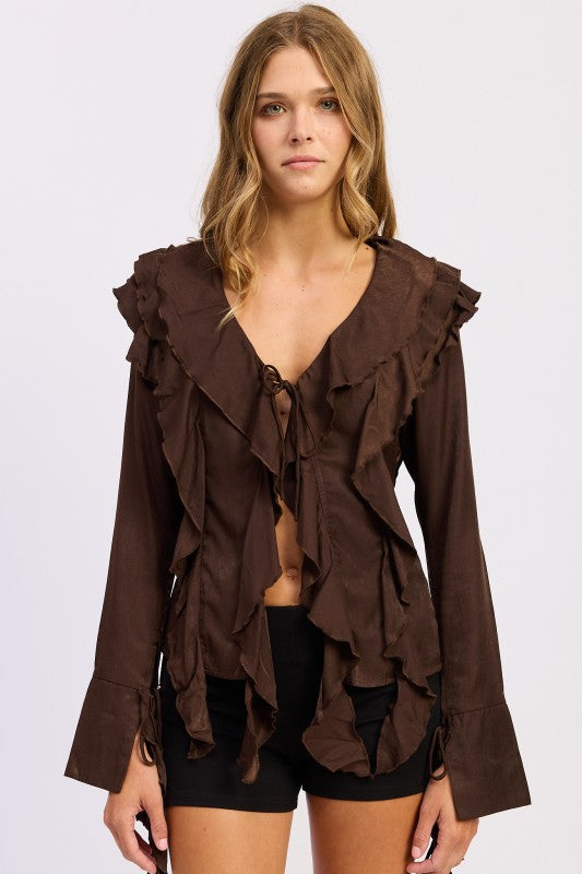 Emory Park Tie Front Ruffled Top in Brown with Flowy Ruffles and Bell Sleeves