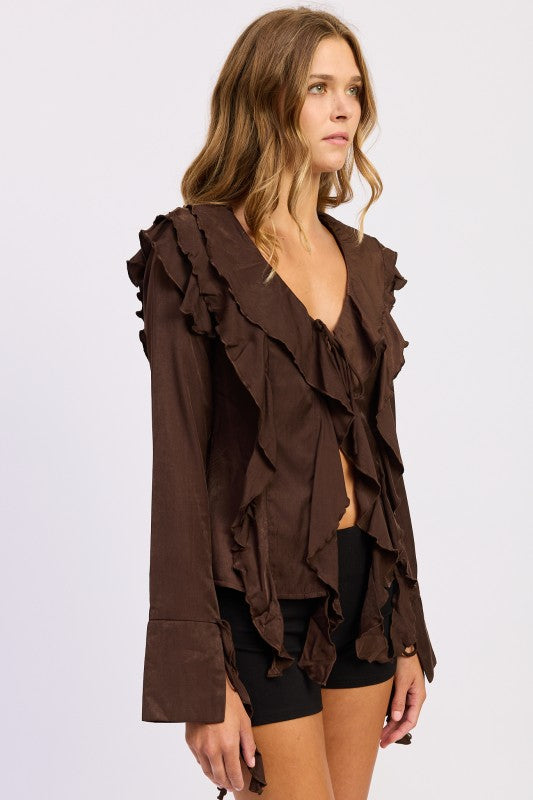 Emory Park Tie Front Ruffled Top in Brown with Flared Sleeves and Frill Details