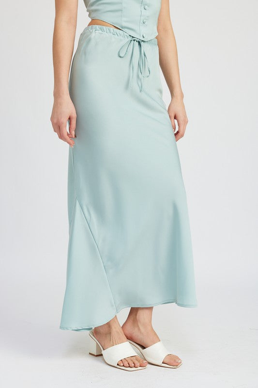 Emory Park tie front satin midi skirt in light blue worn with white sandals