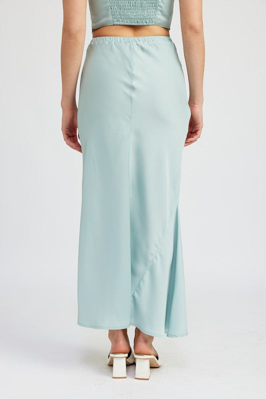 Emory Park Tie Front Satin Midi Skirt in light blue shown from the back with smooth satin finish