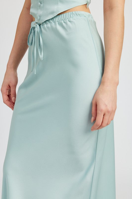 Emory Park Tie Front Satin Midi Skirt in light blue with a smooth, silky finish and adjustable waist tie