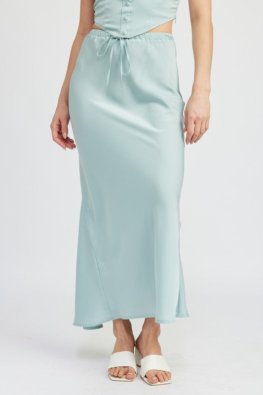 Emory Park Tie Front Satin Midi Skirt in light blue with a smooth silky finish and side slit