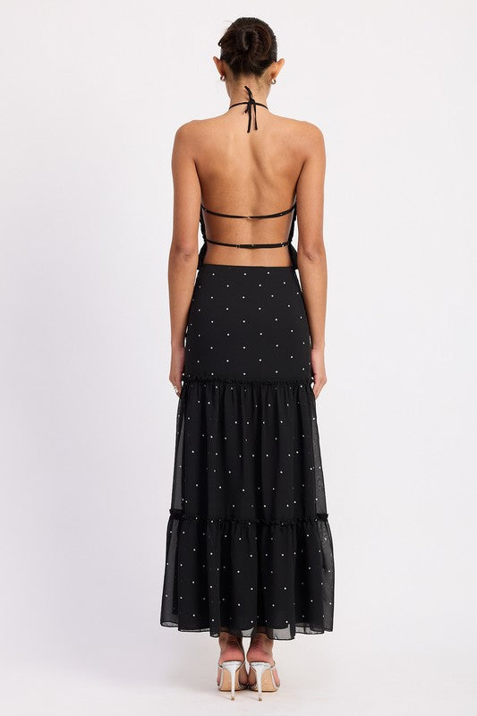 Emory Park black Tiered Ruffled Midi Skirt with white polka dots and sheer fabric detail