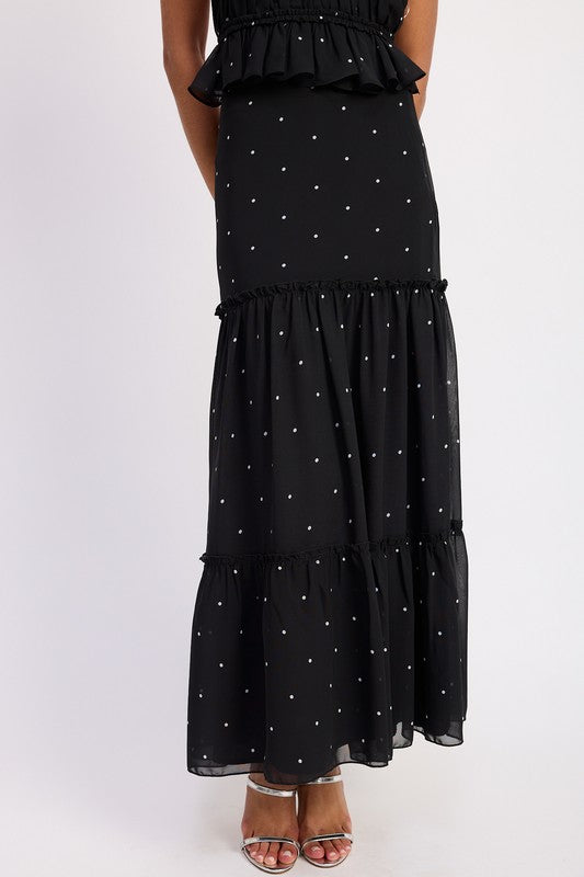 Emory Park black Tiered Ruffled Midi Skirt with white polka dots and layered hem detailing