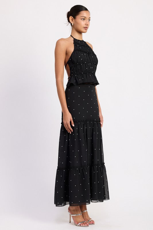 Emory Park black polka dot tiered ruffled midi skirt worn by model with sleeveless top