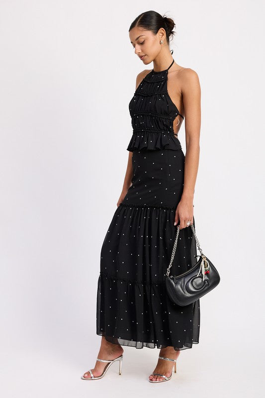 Emory Park black Tiered Ruffled Midi Skirt with white polka dots styled with a halter top and heels