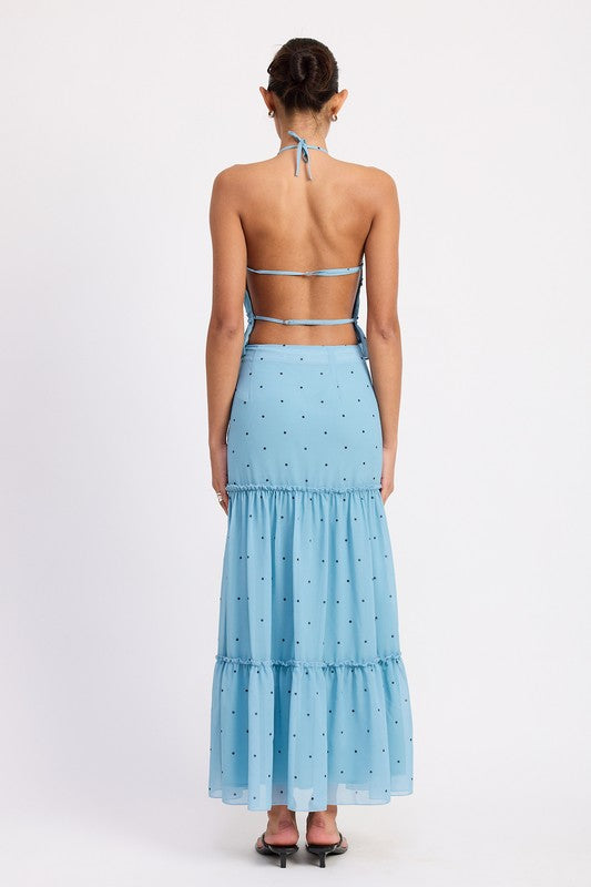 Emory Park light blue Tiered Ruffled Midi Skirt with black polka dots on model back view