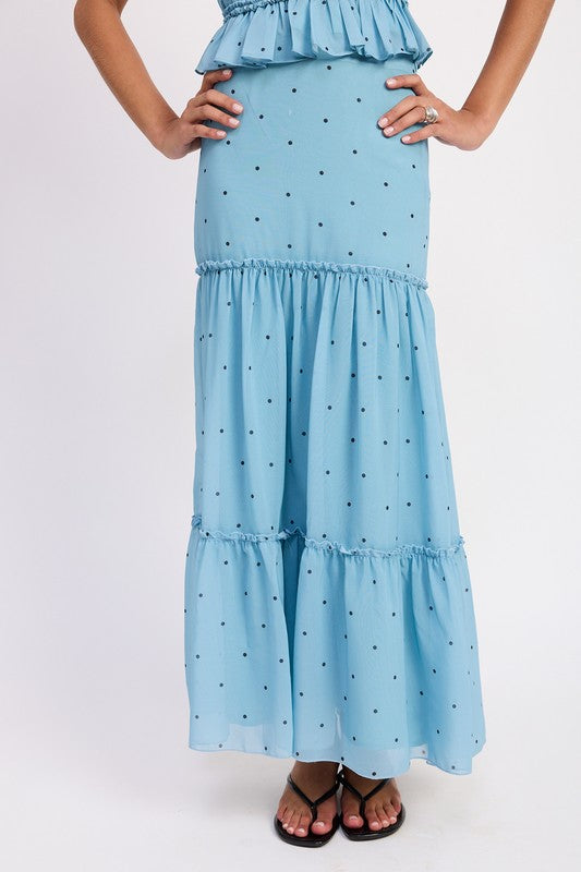 Emory Park blue Tiered Ruffled Midi Skirt with black polka dots and layered design