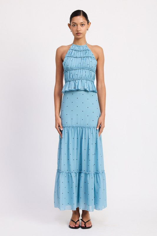 Emory Park blue polka dot tiered ruffled midi skirt worn with matching halter top