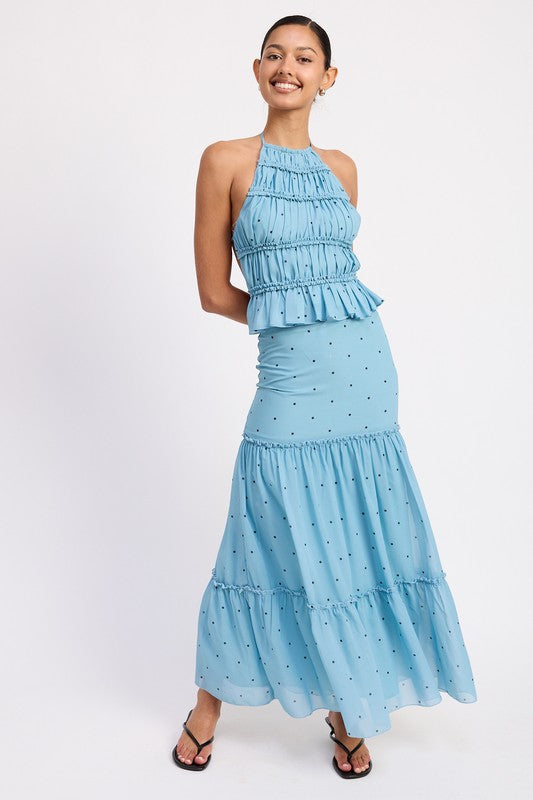 Emory Park light blue Tiered Ruffled Midi Skirt with black polka dots worn by smiling woman