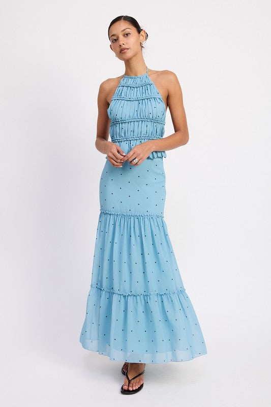 Emory Park light blue Tiered Ruffled Midi Skirt with black polka dots worn with matching halter top