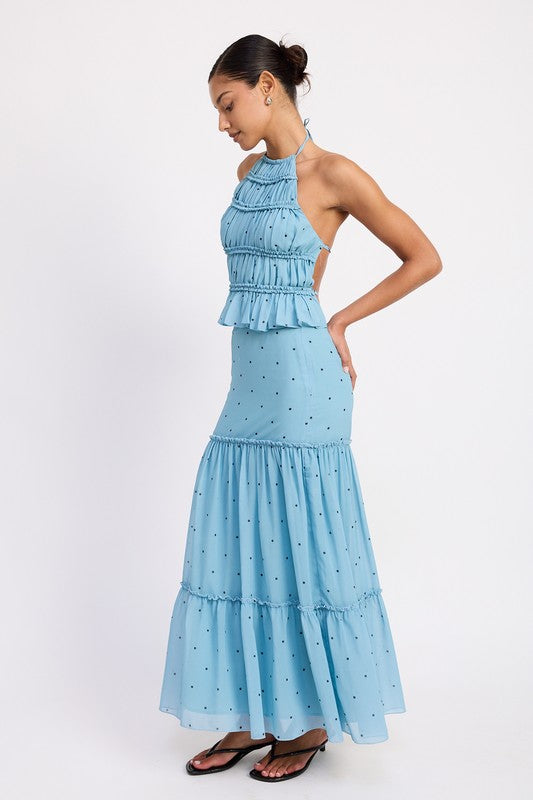 Emory Park light blue tiered ruffled midi skirt with halter neck and polka dot pattern