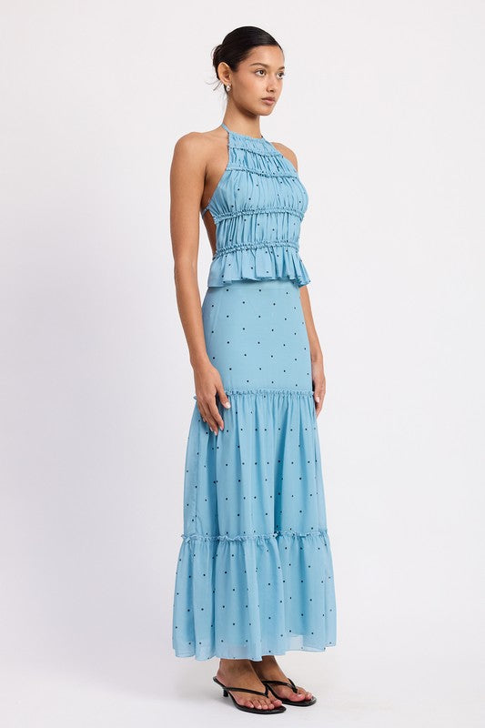 Emory Park light blue Tiered Ruffled Midi Skirt with small black polka dots worn by model with matching sleeveless top