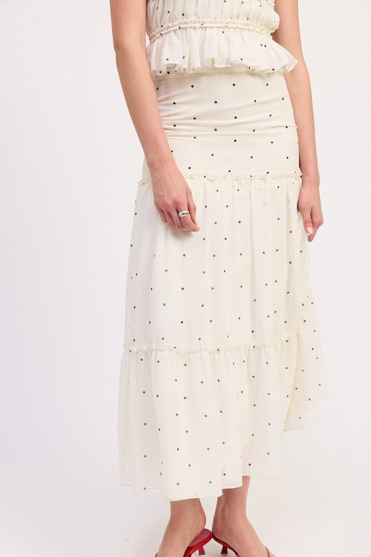 Emory Park Tiered Ruffled Midi Skirt in cream with black polka dots and layered design