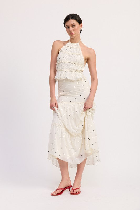 Emory Park tiered ruffled midi skirt in cream with black polka dots and halter top outfit