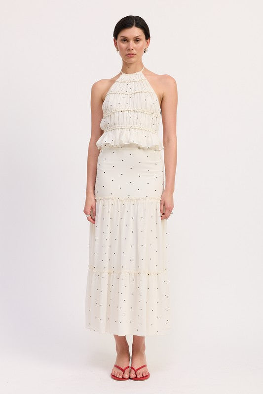 Emory Park white Tiered Ruffled Midi Skirt with black polka dots worn by model