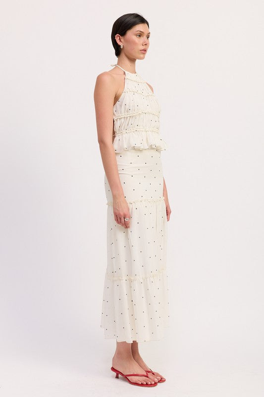 Emory Park tiered ruffled midi skirt in white with black polka dots worn with matching top