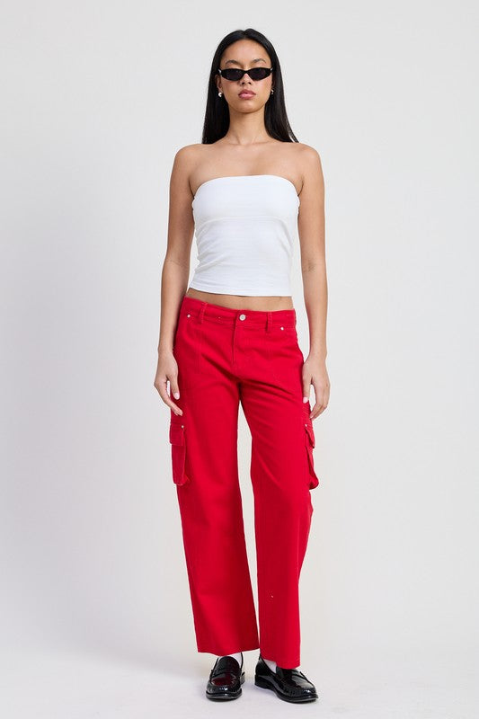 Emory Park model wearing red Pocket Cargo Pants with side flap pockets straight leg and white tube top