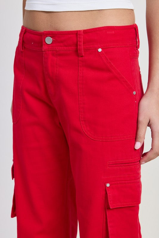 Emory Park red Pocket Cargo Pants mid rise with large side cargo pockets belt loops and relaxed fit
