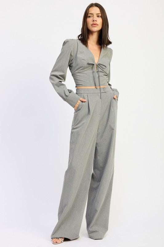 Emory Park V-Neck Cropped Blouse With Rhinestones styled with matching high-waisted trousers
