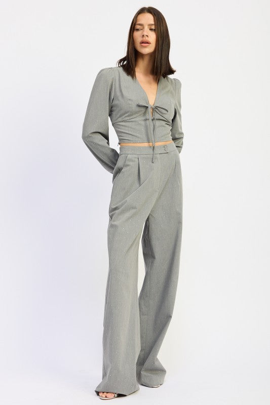 Gray V-Neck Cropped Blouse With Rhinestones paired with matching high-waisted trousers for a stylish look