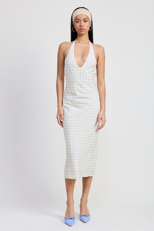 Emory Park V-Neck Maxi Dress With Neck Tie in white with small blue floral print and halter neckline no head