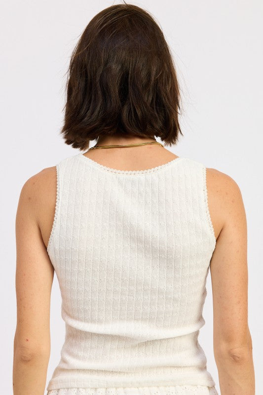 Back view of Emory Park V-Neck Sleeveless Rib Tank Top in white for a stylish summer look