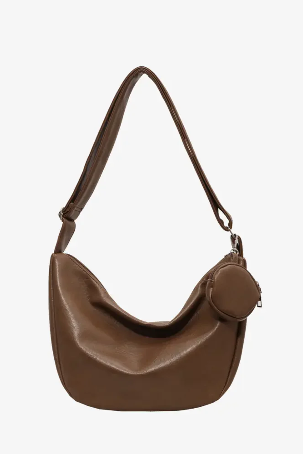 Stylish Vegan Leather Crossbody Bag in Brown with a Unique Round Zipper Pouch