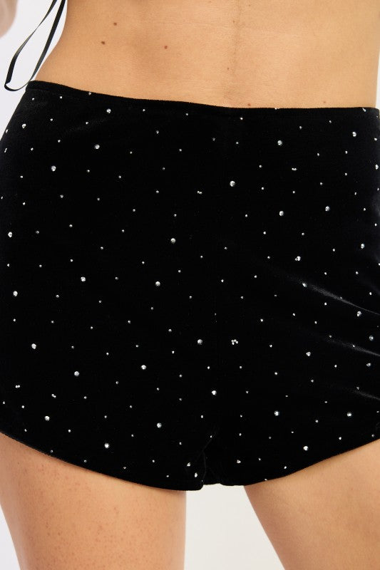 Back view of Velvet Micro Shorts With Rhinestones showcasing the elegant design and sparkly details
