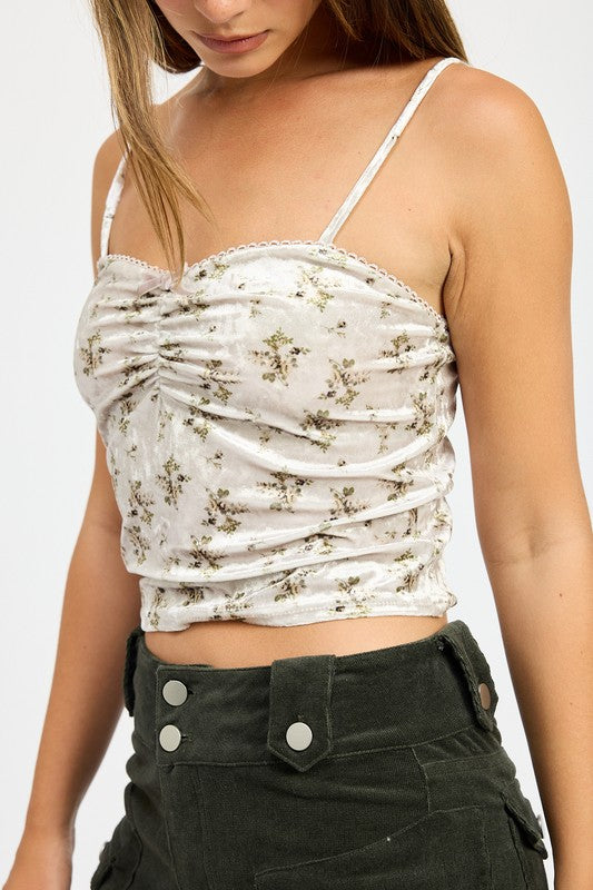 Emory Park Velvet Ruched Top With Lace Detail in white floral pattern on woman with thin straps