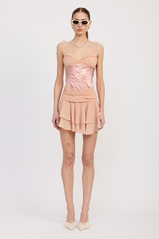 Emory Park Contrasted Mini Corset Dress With Ruffle Detail in soft pink with layered skirt and sheer ruffle straps