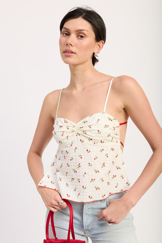 Emory Park Floral Sweetheart Cami Top in white with delicate red floral print and thin straps